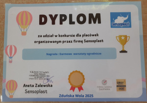 Zdjęcie dyplomu za udział w konkursie internetowym zorganizowanym przez firmę Sensoplast.