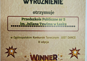 Dyplom dla Przedszkola Publicznego nr 5 w Łasku