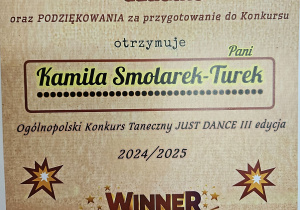 Dyplom uznania dla pani Kamili Smolarek-Turek